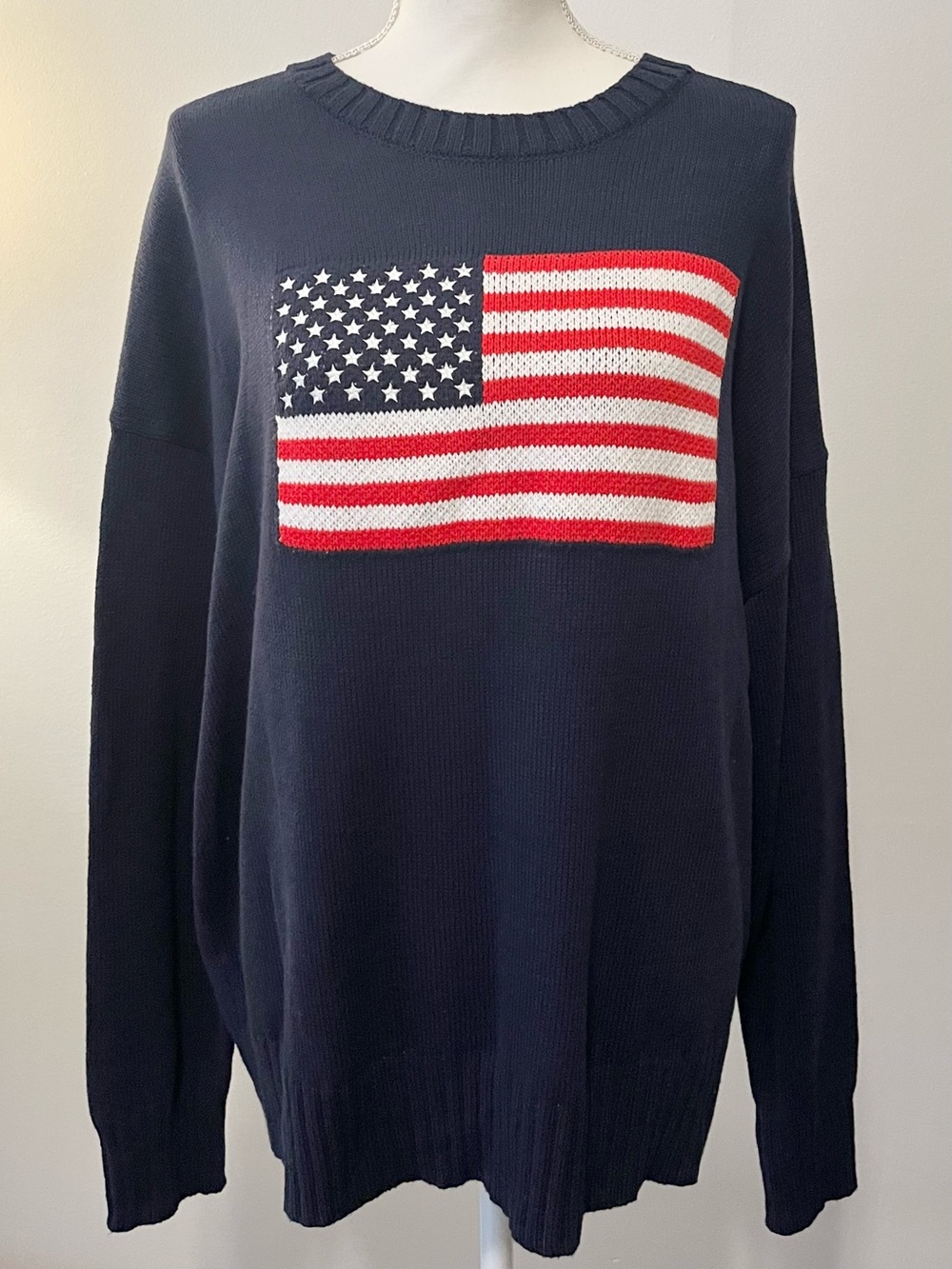 NWT Wild Fable Navy Knit Sweater with American Flag Motif on Chest. Size Large